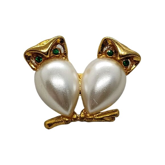 Unknown Jewelry - Vintage MCM Double Owl Brooch Green Rhinestone Eyes w/Faux Pearl Jelly Belly